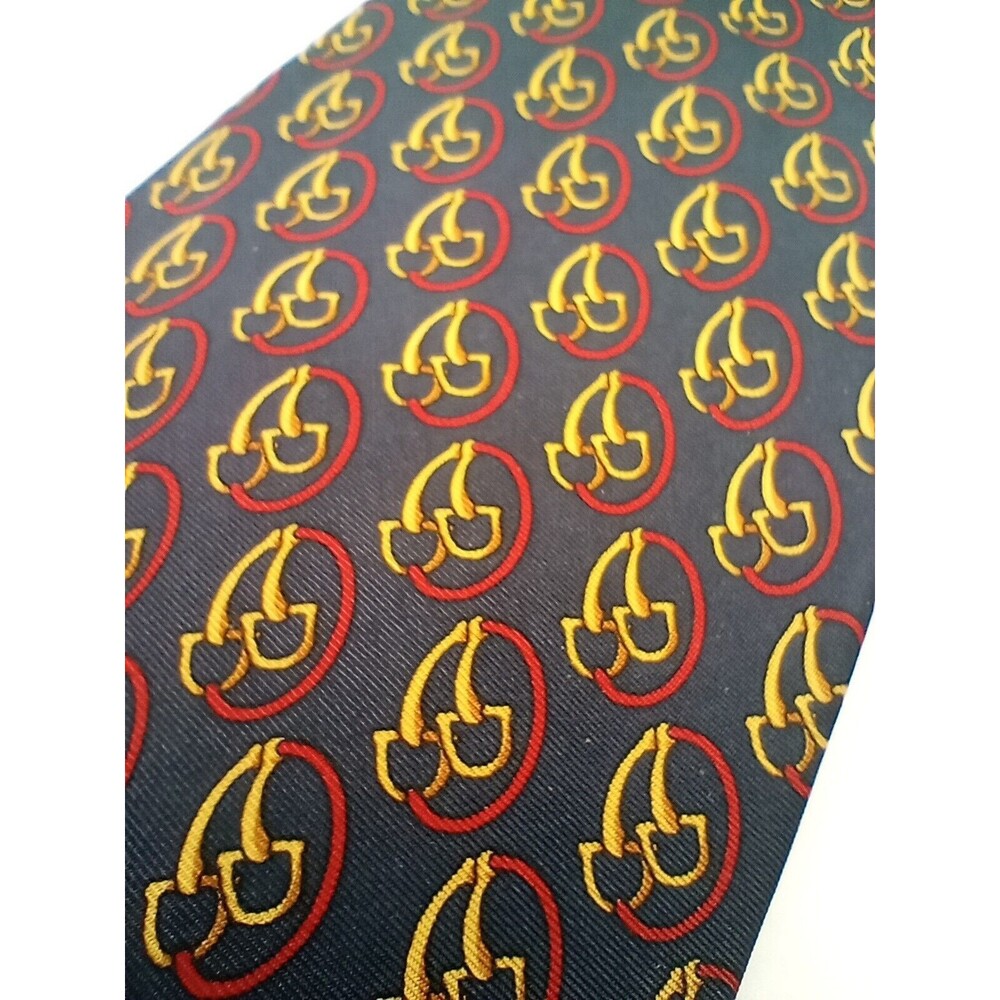 Cherries Mushroom BURBERRY Equestrian Horse Bit Pattern Navy Red 100% Silk Tie